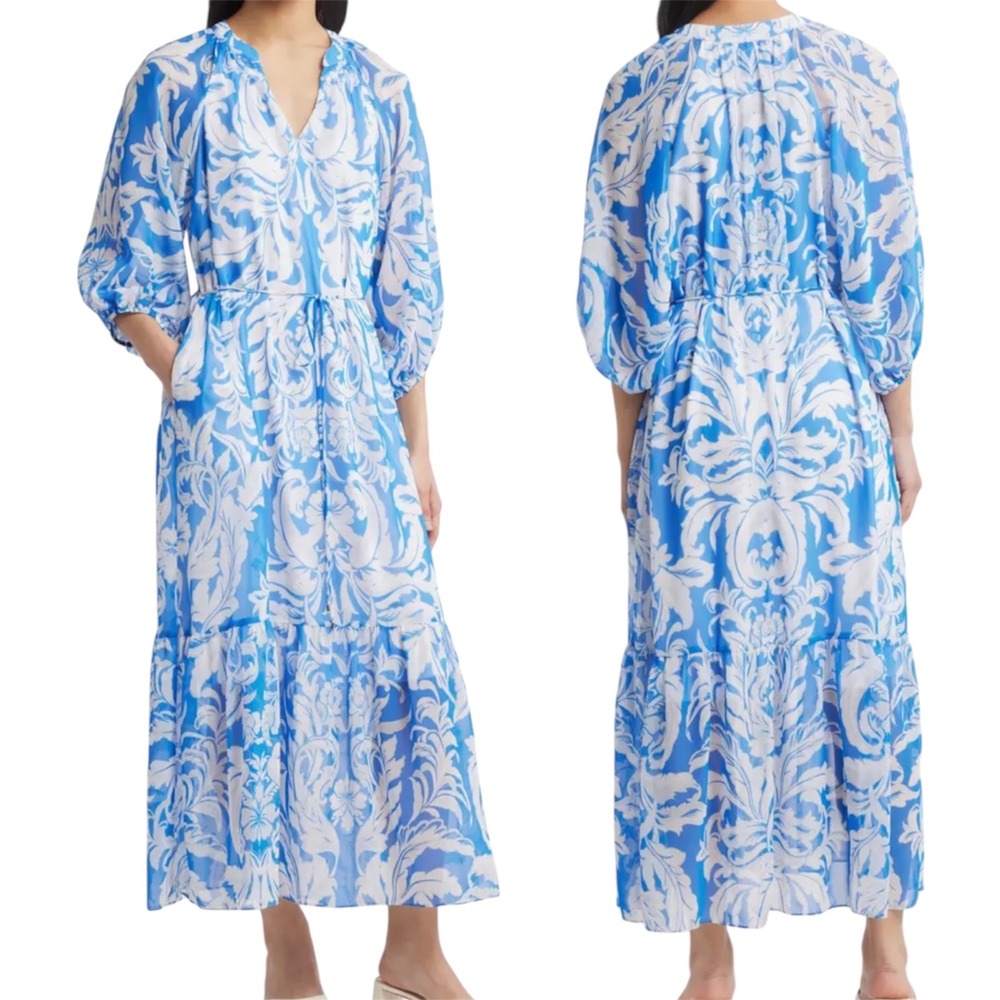 New Julia Jordan Women's Maxi Dress Blue Ivory Paisley Print Tie‎ Waist Size L
